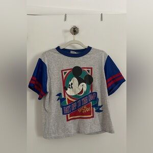 Vintage Disney Grey Tee with Blue Sleeve Accents and Mickey Graphic